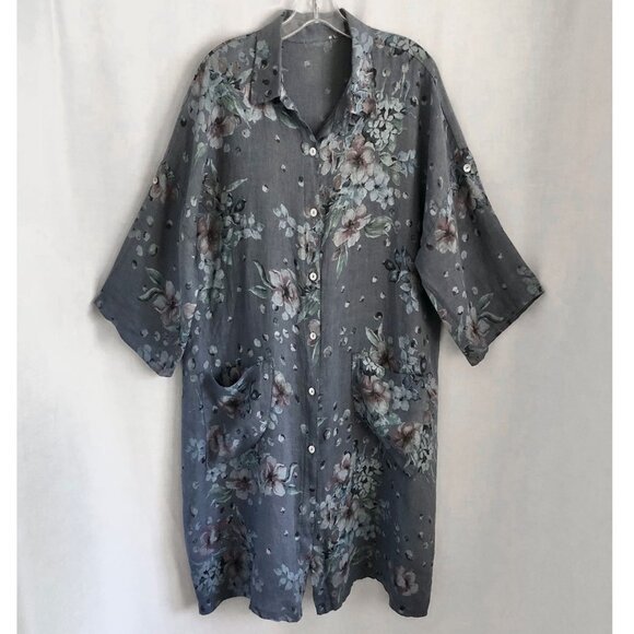 Italian Blue Floral Linen Duster Jacket Button  Front Size XL-1X - Picture 1 of 8
